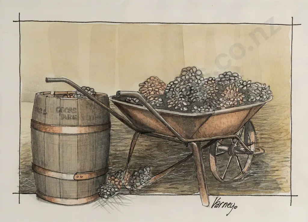 John Varney - two framed mixed media on paper - barrel and wheelbarrow scenes H-130 W-180 Image 1++