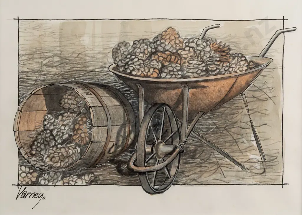 John Varney - two framed mixed media on paper - barrel and wheelbarrow scenes H-130 W-180 Image 1++