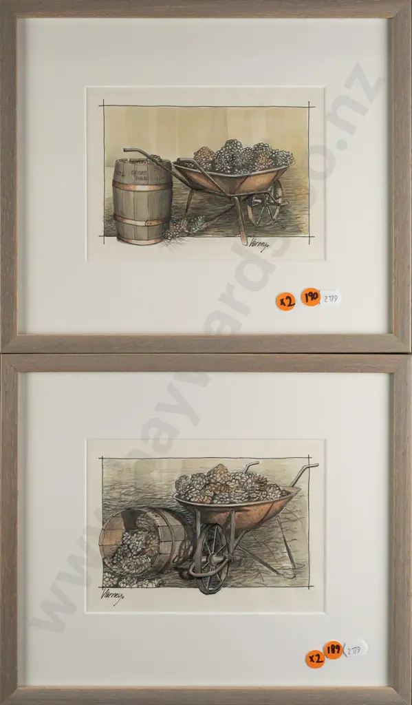 John Varney - two framed mixed media on paper - barrel and wheelbarrow scenes H-130 W-180 Image 1++