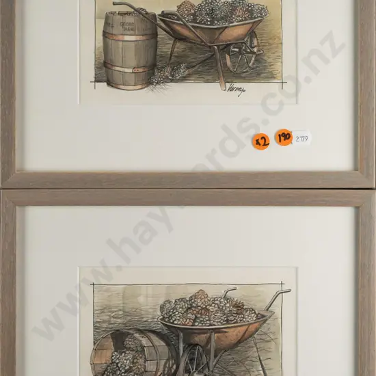 John Varney - two framed mixed media on paper - barrel and wheelbarrow scenes H-130 W-180