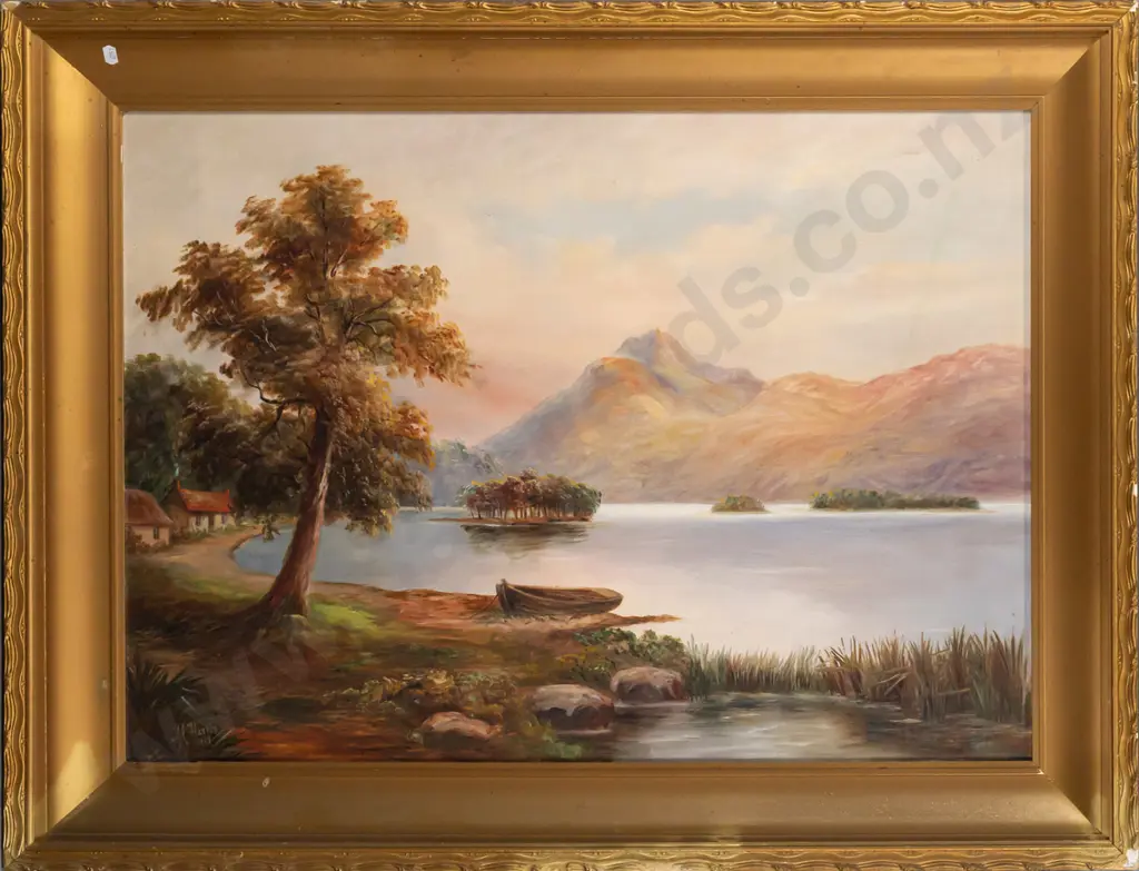 M Harris -- framed oil on canvas, landscape w/ dinghy and cottages, 1919. H-570 W-800 [some marks to painting, frame Image 1++