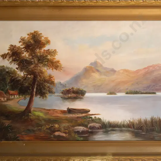 M Harris -- framed oil on canvas, landscape w/ dinghy and cottages, 1919. H-570 W-800 [some marks to painting, frame