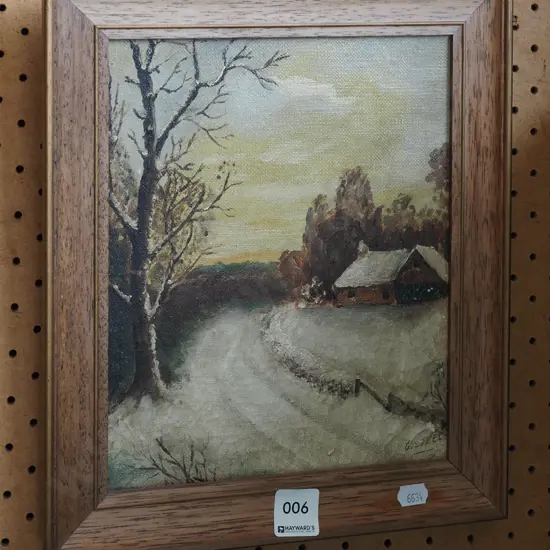 B Steel - small oak framed oil on board - country scene