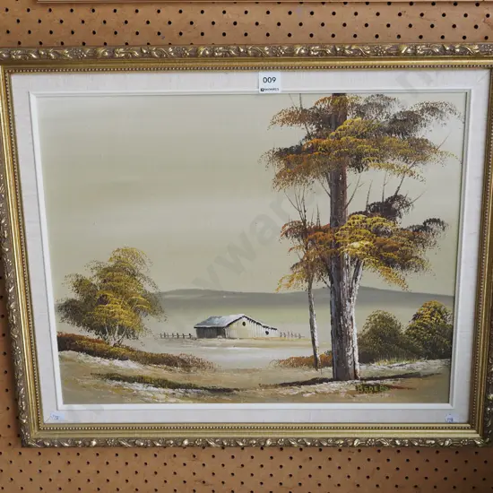 framed oil on board - trees and farm building