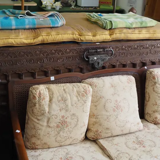 large, heavy Indian/Asian heavily carved hardwood dowry/rice storage chest with upholstered squab, lock & key, but lock