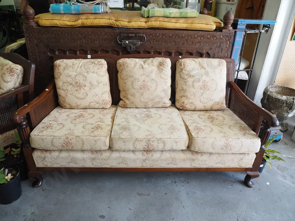 mahogany bergere 3 piece lounge suite - 3 seater, 2x singles - no holes in cane - overall good condition Image 1++