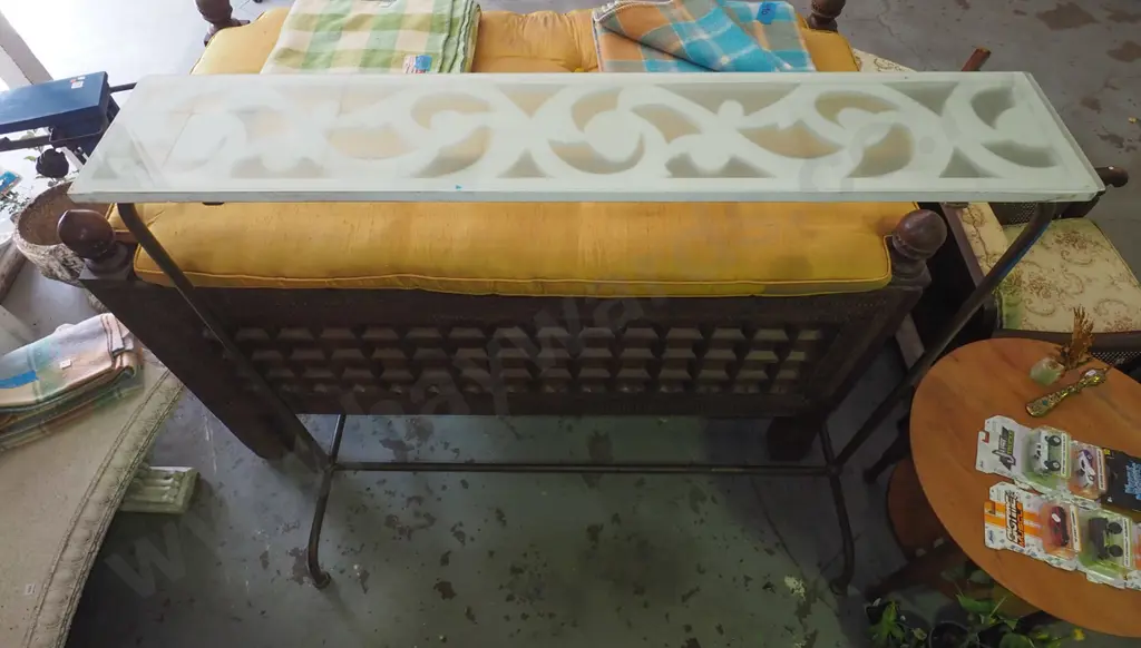 Edwardian metal shop display rack with improvised top shelf H1510 W1600 Image 1++