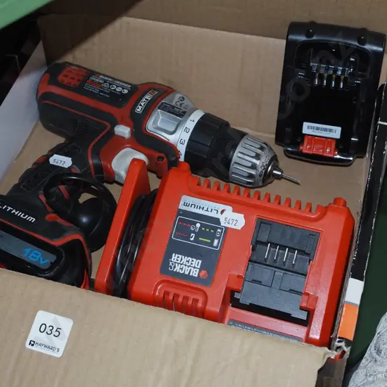 boxed Black & Decker 18V battery drill- 2 batteries and charger - batteries in office