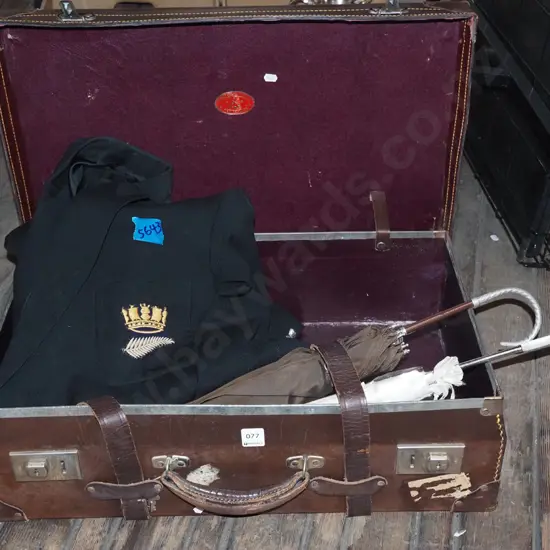 vintage suitcase; parasols, blazer