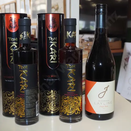 bottle of Layline pinot noir 2020, 2x bottles of Ton Kari spirit liqueur