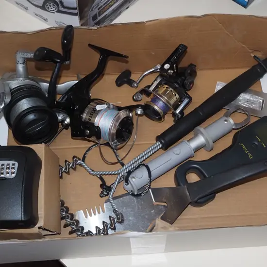 box; spinning reels, bbq tools, scales etc