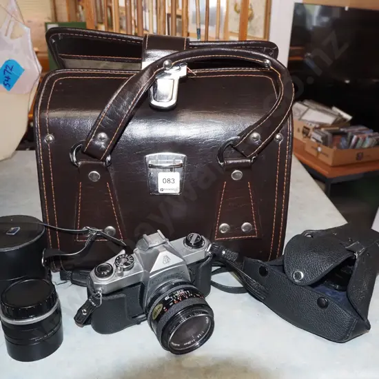 Asahi Pentax 35mm camera with vinyl bag and accessories and additional lens