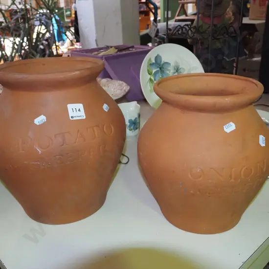 2x terracotta storage canisters - no lids - potato, onion Tallest H280