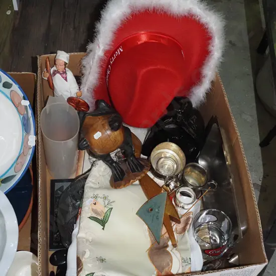 box; Xmas cowboy hat, plated ware, ornaments etc