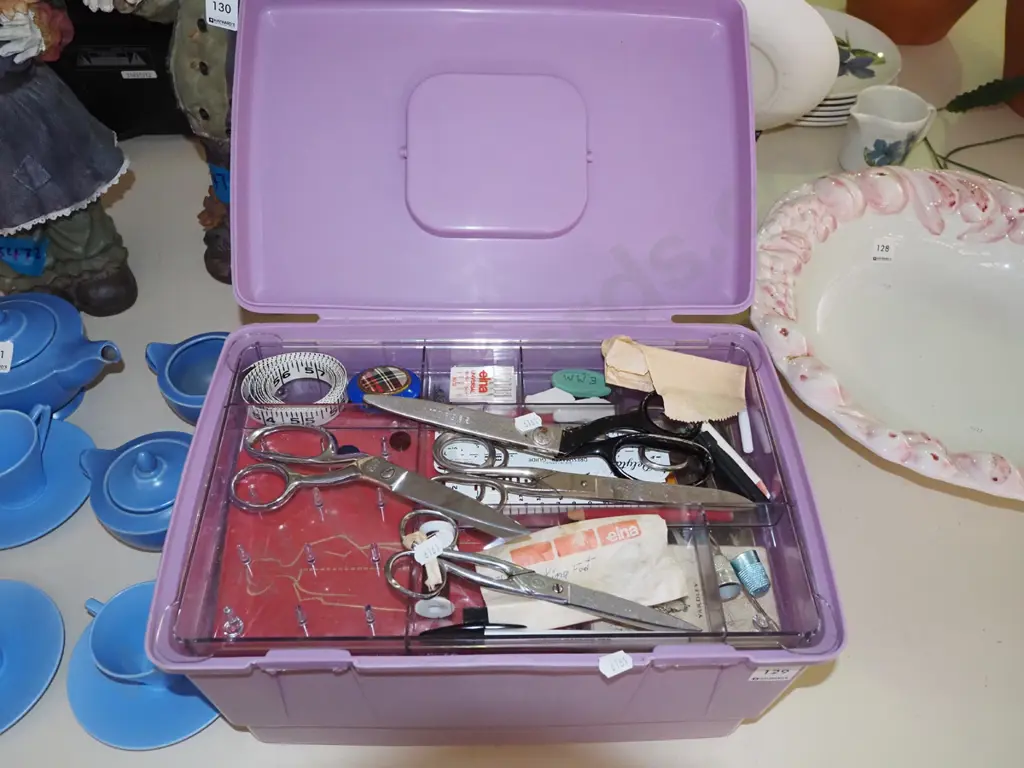 plastic sewing box and contents; scissors, patterns etc Image 1++