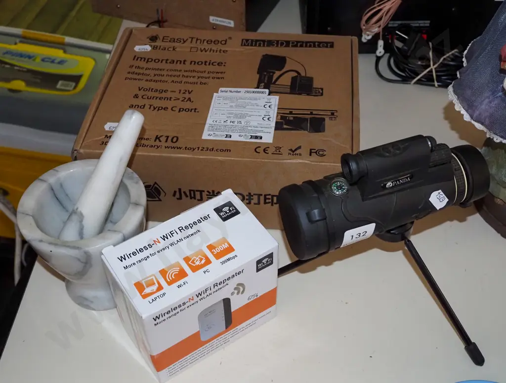 small spotting scope, mortar and pestle, wi-fi repeater, small boxed 3D printer  Image 1++