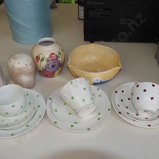 hand painted bowl, polka dot trios etc