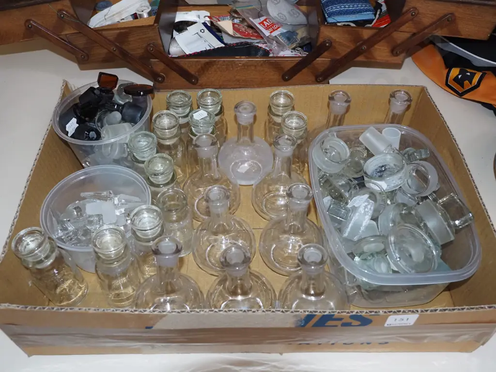 box; chemist bottles, numerous glass stoppers Image 1++