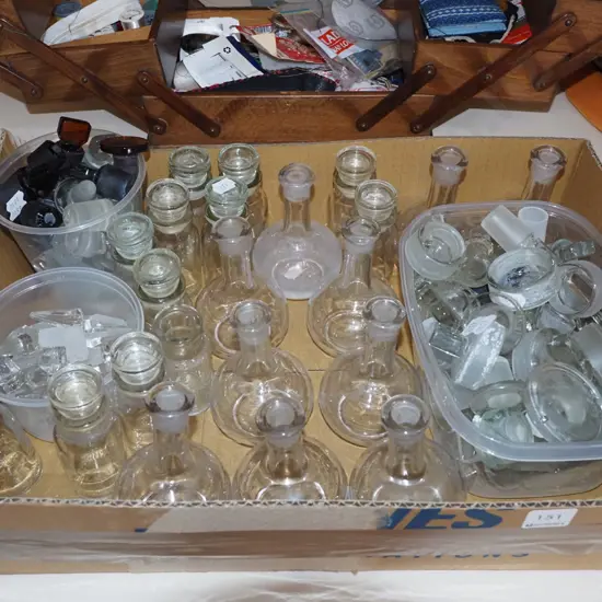 box; chemist bottles, numerous glass stoppers