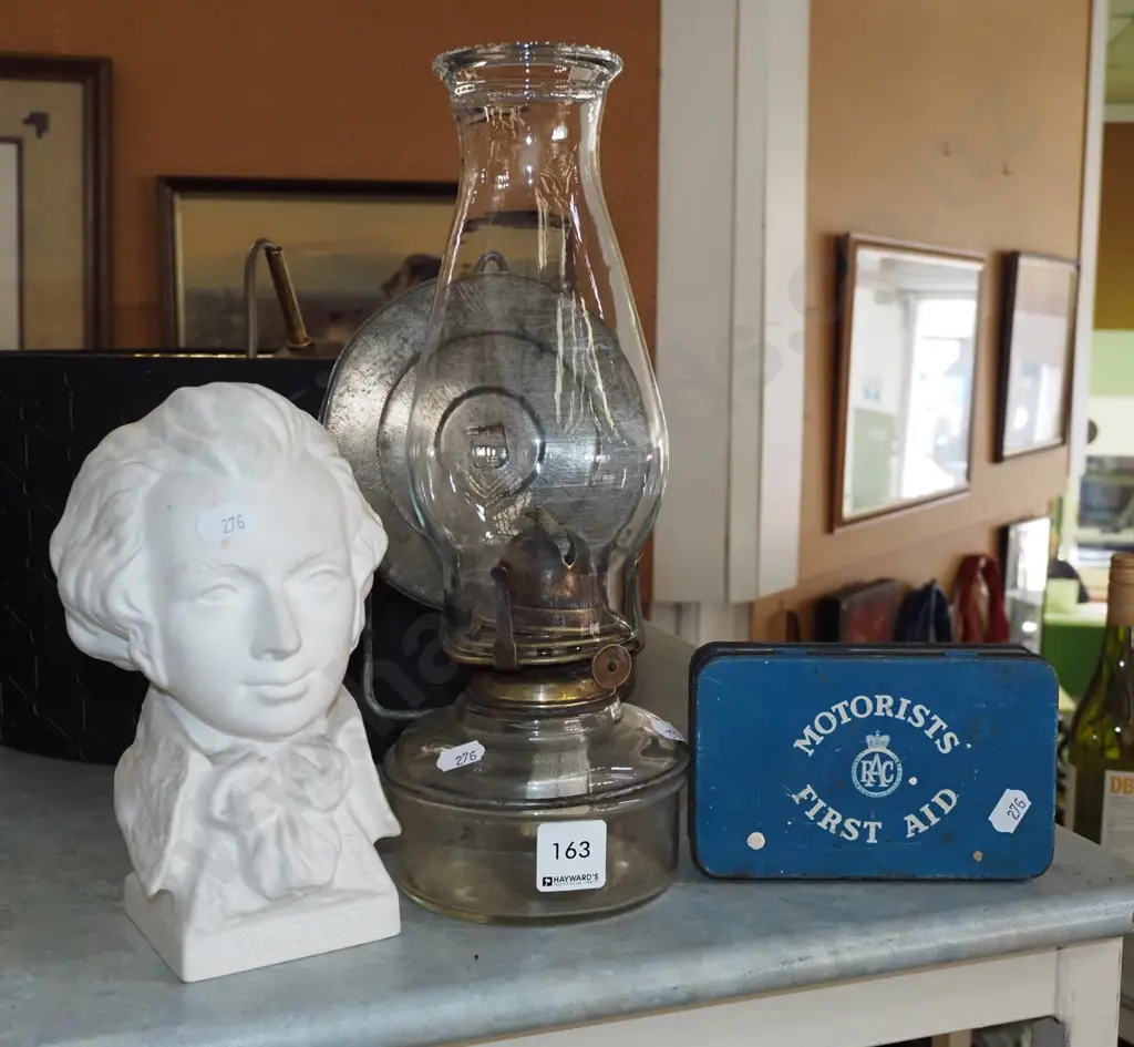 Mozart bust, wall mounted kerosene lantern, first aid kit Image 1++