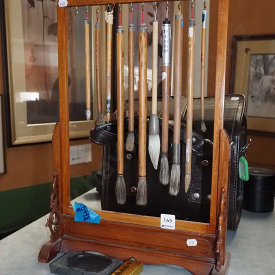 Asian calligraphy set and stand - missing 1 brush H440