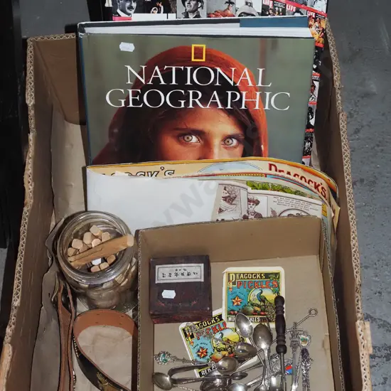 box; books, teaspoons, wooden pegs, jam labels etc