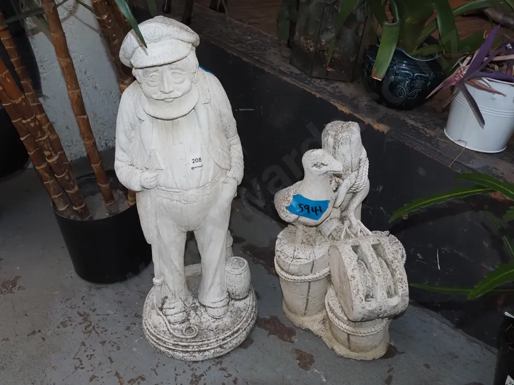 2x concrete garden ornaments - whaler and seagull -damage to beak H600 Image 1++