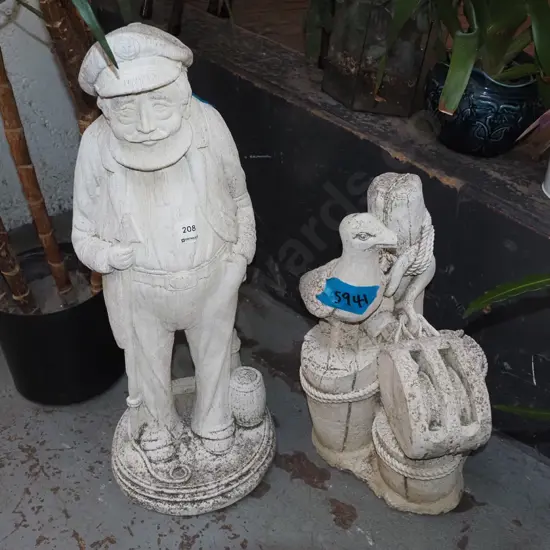 2x concrete garden ornaments - whaler and seagull -damage to beak H600
