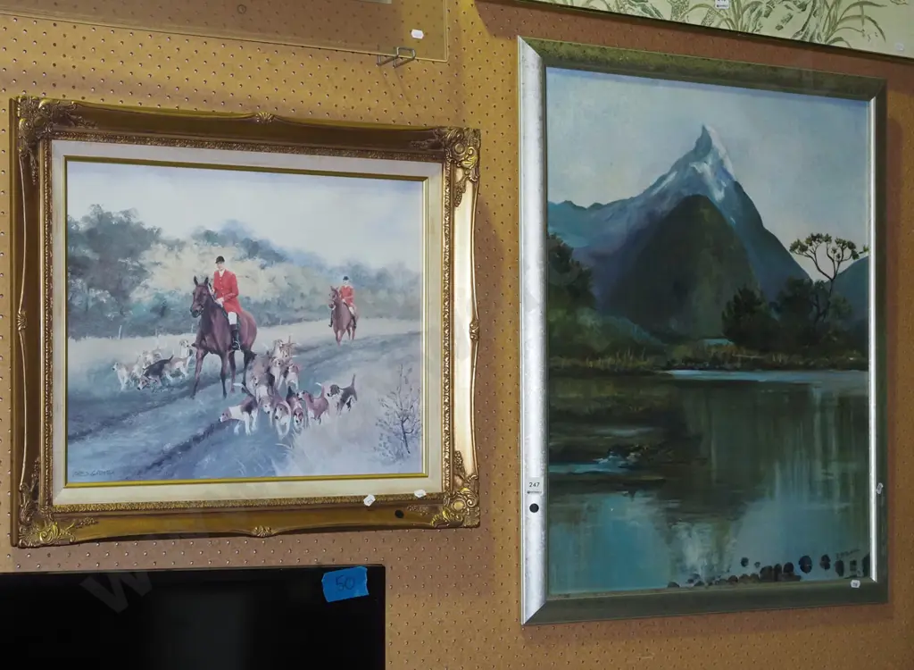 framed oil - Mitre Peak, gilt framed hunting print - black dots Image 1++