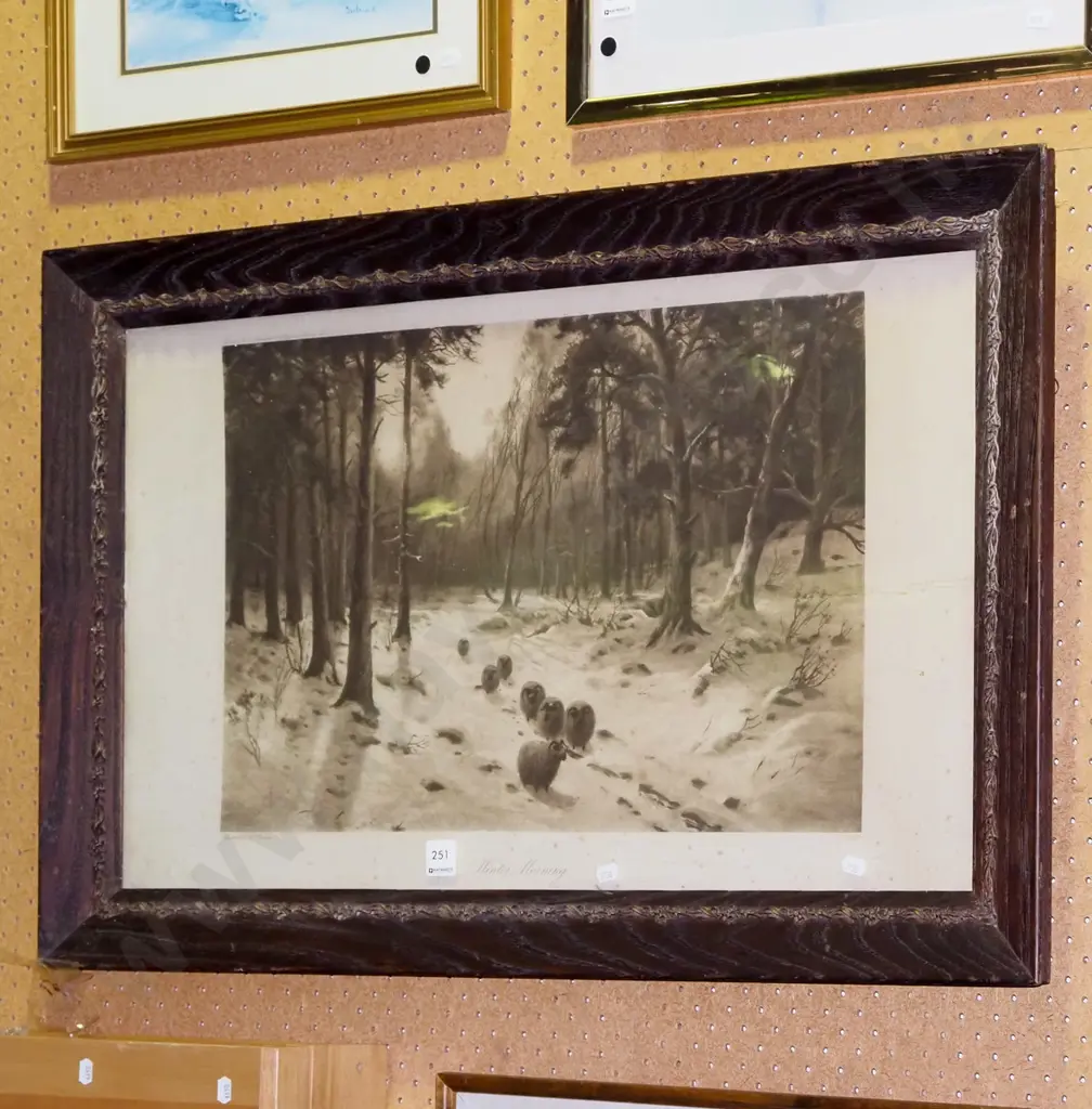 ornate oak framed print - Winter Morning - significant foxing Image 1++