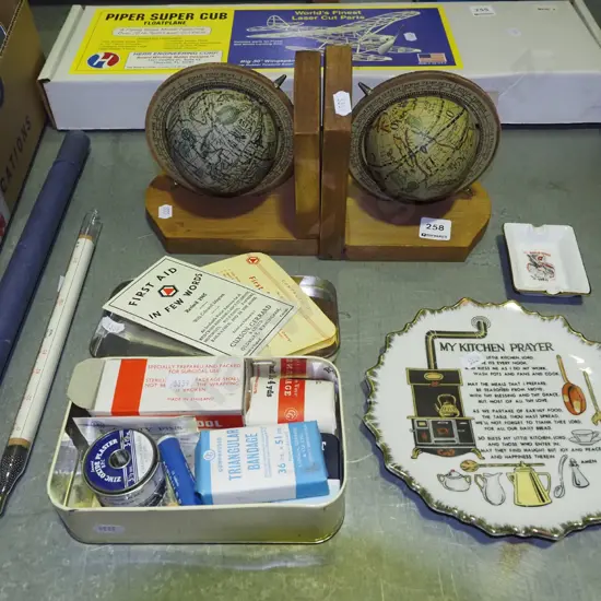 vintage first aid kits, thermometer, bookends etc