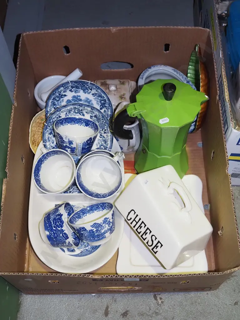 box; blue and white cups, stove top espresso, cheese cover dish etc Image 1++
