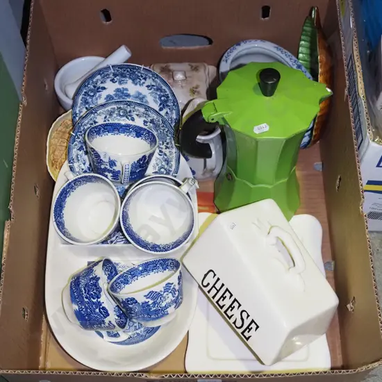 box; blue and white cups, stove top espresso, cheese cover dish etc