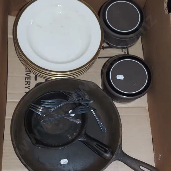 box; cast iron frying pans, lidded canisters, various bowls