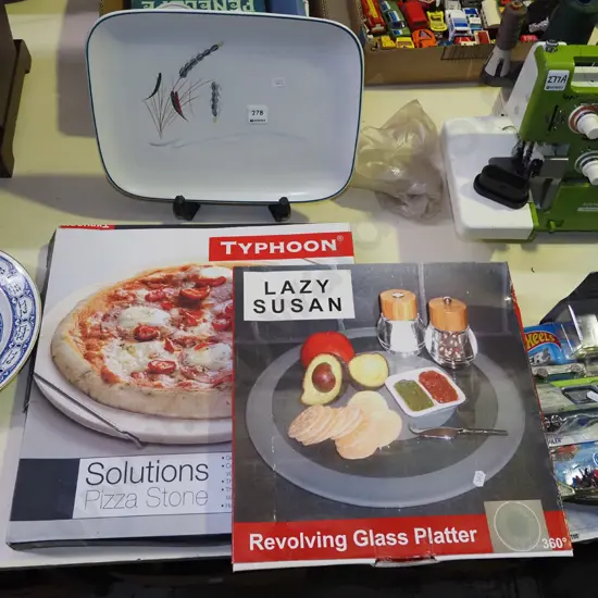 Denby green wheat plate, lazy susan, pizza stone