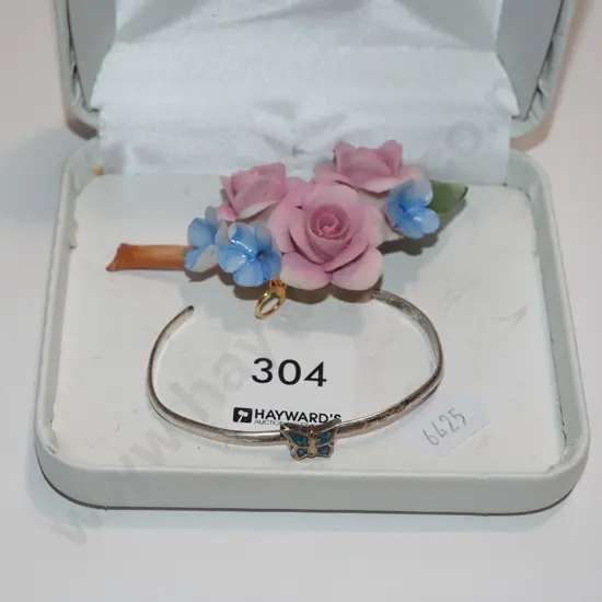 sterling silver butterfly bracelet - slightly mishapen, capodimonte floral broach
