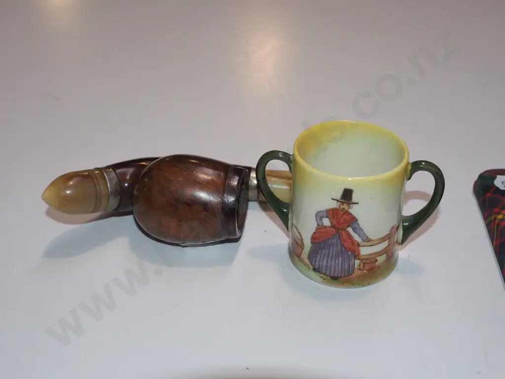small Royal Doulton double handled cup (small crack),small book of Robert Burns poems, pipe w/ crack to stem Image 1++
