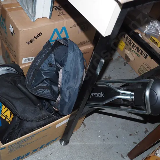 wall mount Steadyrack bike rack, backpack, small DeWalt chiller bag