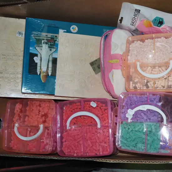 box of children's toys - plastic bricks, pencil cases etc
