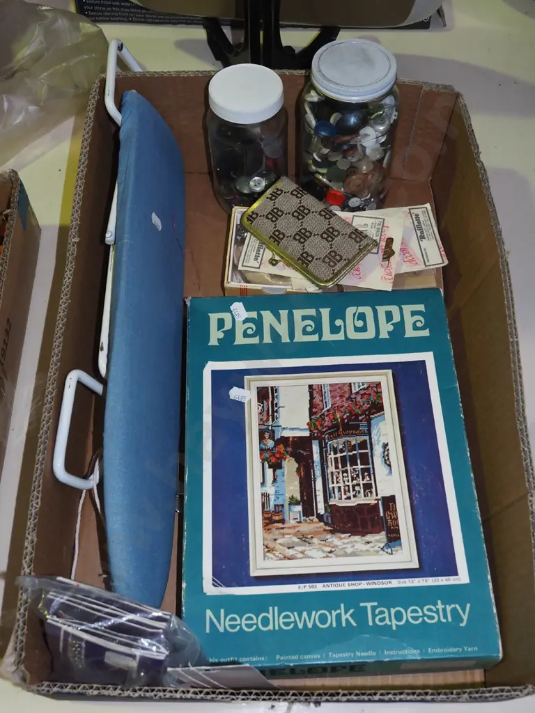 box: buttons, needlework tapestry, ironing board etc Image 1++