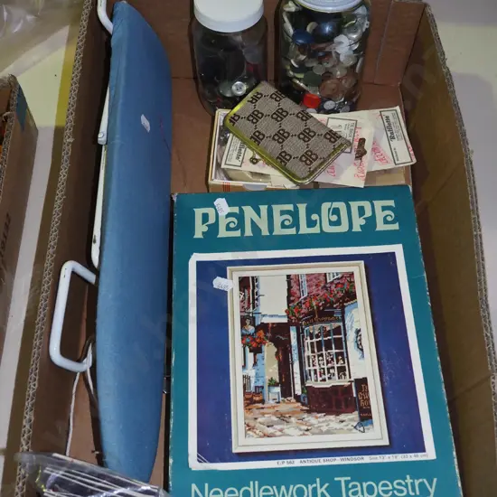 box: buttons, needlework tapestry, ironing board etc