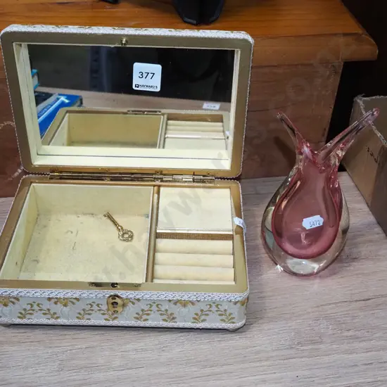 fabric quilted jewellery box and a pink and clear glass art glass ornament H-180