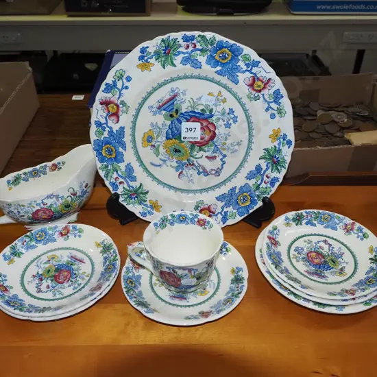 Masons plate, cups, saucers, gravy boat - crazing and some chips