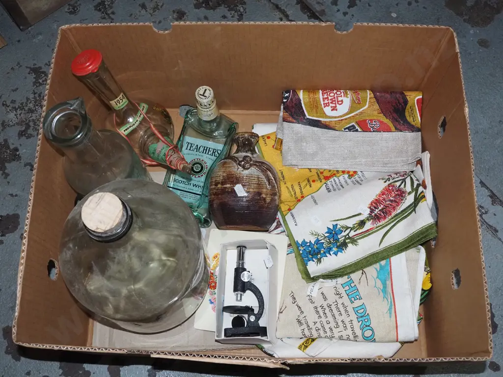 box: tea towels, miniature microscope, stoppered glass flagon, etc Image 1++
