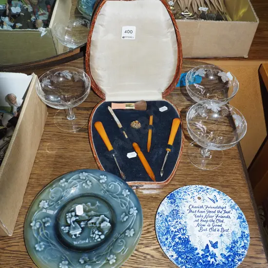 vintage manicure set, hollow-stem champagne glasses, Irish porcelain plate etc