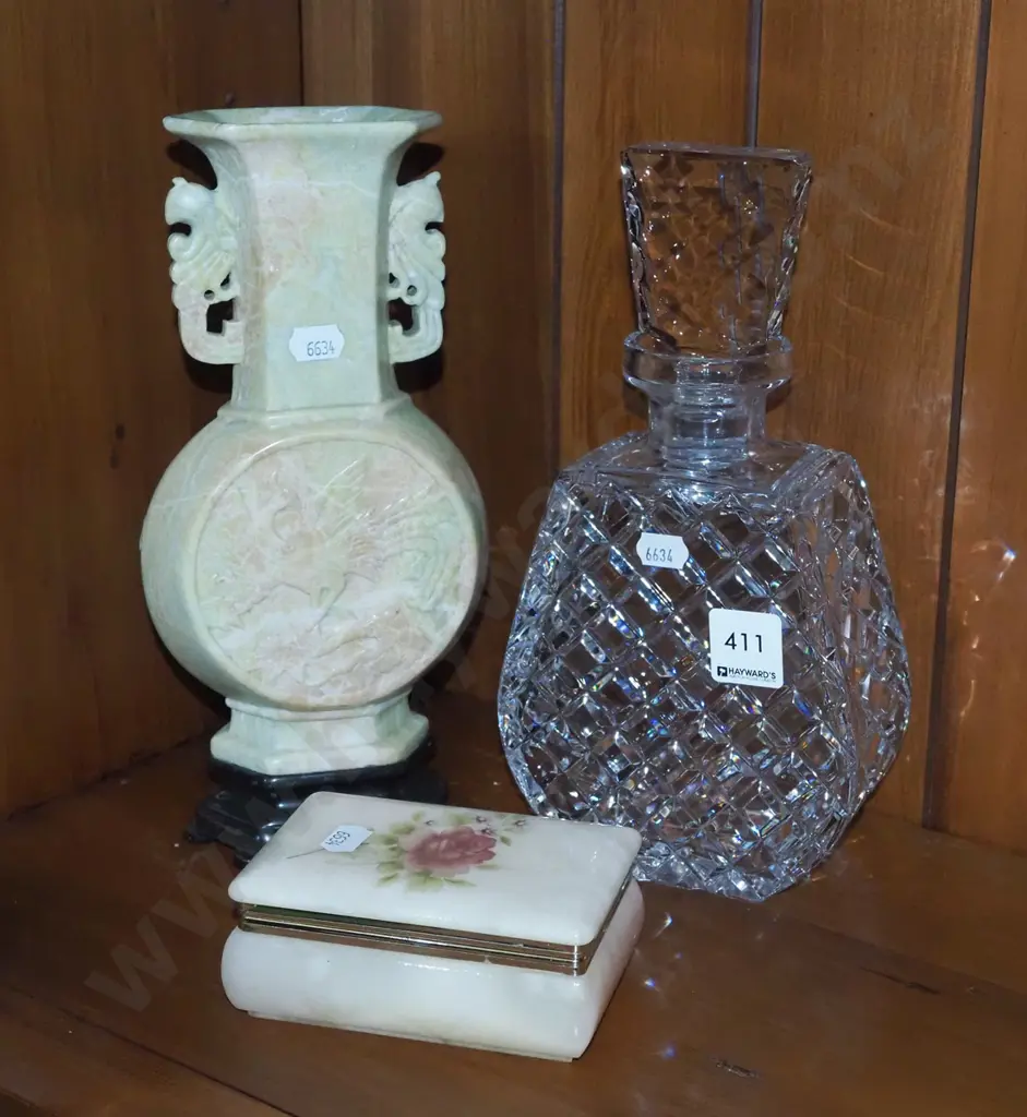 alabaster trinket box, asian vase on stand H-260, cut glass decanter Image 1++
