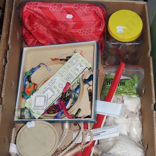 box; buttons, needlework hoops, threads etc