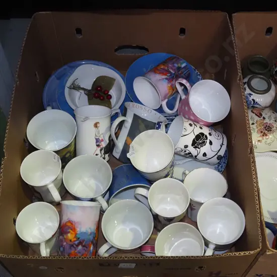 box of coffee cups, plates, saucers