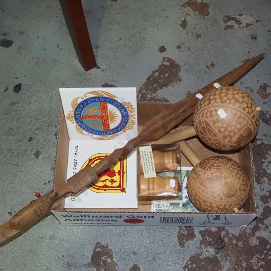 box; maracas, coat of arms tiles, rimu salt and pepper shakers etc