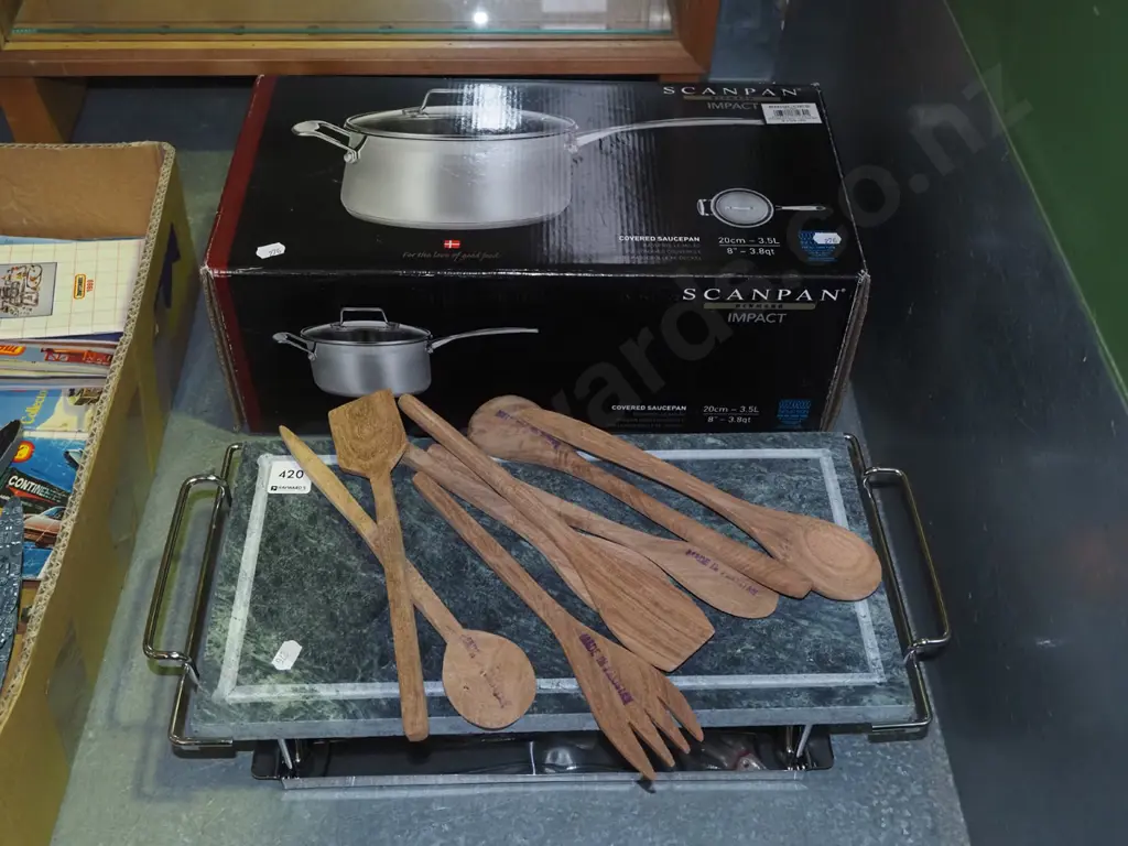 white spirit marble heated serving tray, wooden cutlery, boxed as new Scan Pan saucepan Image 1++